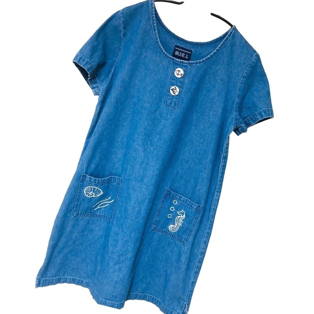 Y2K Denim Everyday Dress Womens S/M Hand Painted Embroider Pocket Minimalist