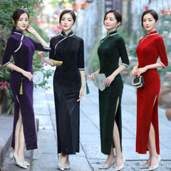 Young Lady Improved Cheongsam Split Shining Dress Long Velvet Qipao ChineseStyle