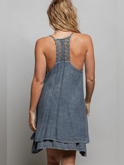 POL Embroidered Adjustable Strap Mini Washed Slate Blue Layered Blue Dress sz Me