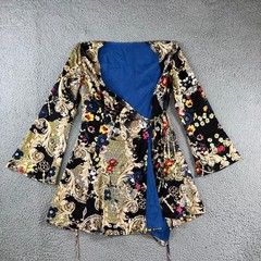 Wrap Mini Dress M Baroque Skeleton Key Floral Bell Sleeve Black Gold Eclectic