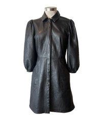 Designer Black Leather Collared, Studs & Button Through Coat Dress 10Aust-UK/6US