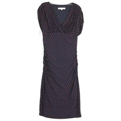 Evan-Picone Womens Dress Midi Sheath Navy Red Polkadot Cowl Sleeve Rouched 8 New