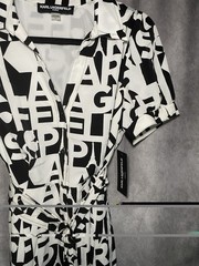 NEW Karl Lagerfeld Paris Dress Size 10 Logo Print Belted Shirt Dress Black White