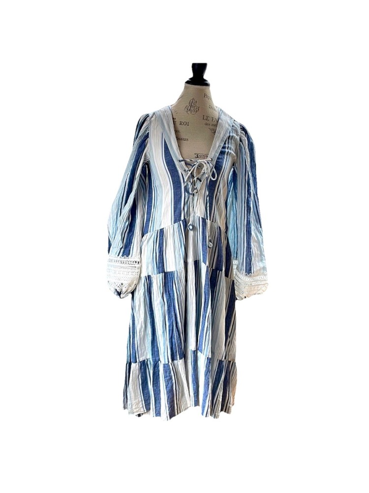 Hemant & Nandita Cotton Blue Striped Blousen Sleeved Midi Dress EUC SIZE SMALL