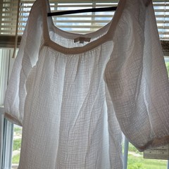 LOFT White Shift Dress Cotton Crinkle Square Neck 3/4 Sleeve Ruffle Hem XL