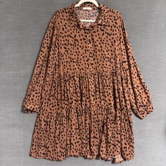 Easel Dress L Brown Animal Print Tiered Swing Shirt Boho Fall Long Sleeve Winter