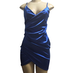 Liz & Sara Satin Mini Dress Blue Size S Ruched Wrap Cocktail Homecoming Wedding
