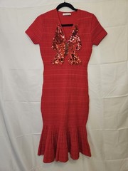 Feiyu Red Knit Midi Dress Size M Sequin Butterfly Short Sleeve Ruffle Mermaid…