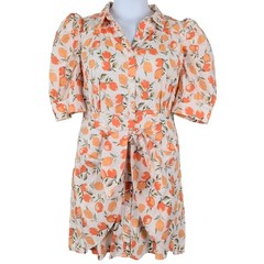 Karlie Womens Orange Lemon Citrus Print Puff Sleeve Tie Waist Teacher Cottage