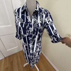 J.McLaughlin Shirt Dress S Blue Multicolor Geometric Button Down Stretch Travel