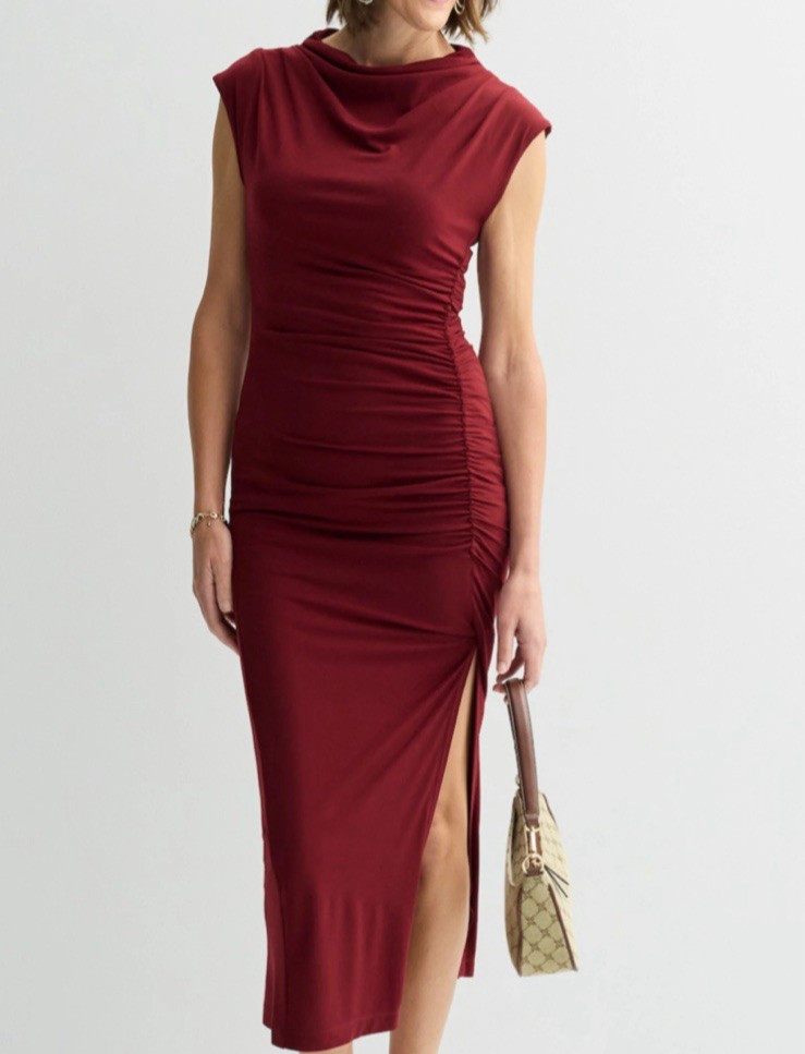 Robbie Bee Bodycon Lined Side Slit Funnel Neck Rouched Long Size XL Dress