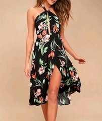 ASTR The Label Womens Black Floral Halter Midi Dress Keyhole Slit Large