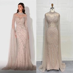 Luxury Beaded Mermaid Evening Gown Tulle Sheer Ruched Long Sleeved Ball Dress