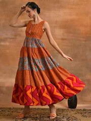 Orange & Grey Floral Print Flared Maxi Dress, Women Indian Layered Long Kurta