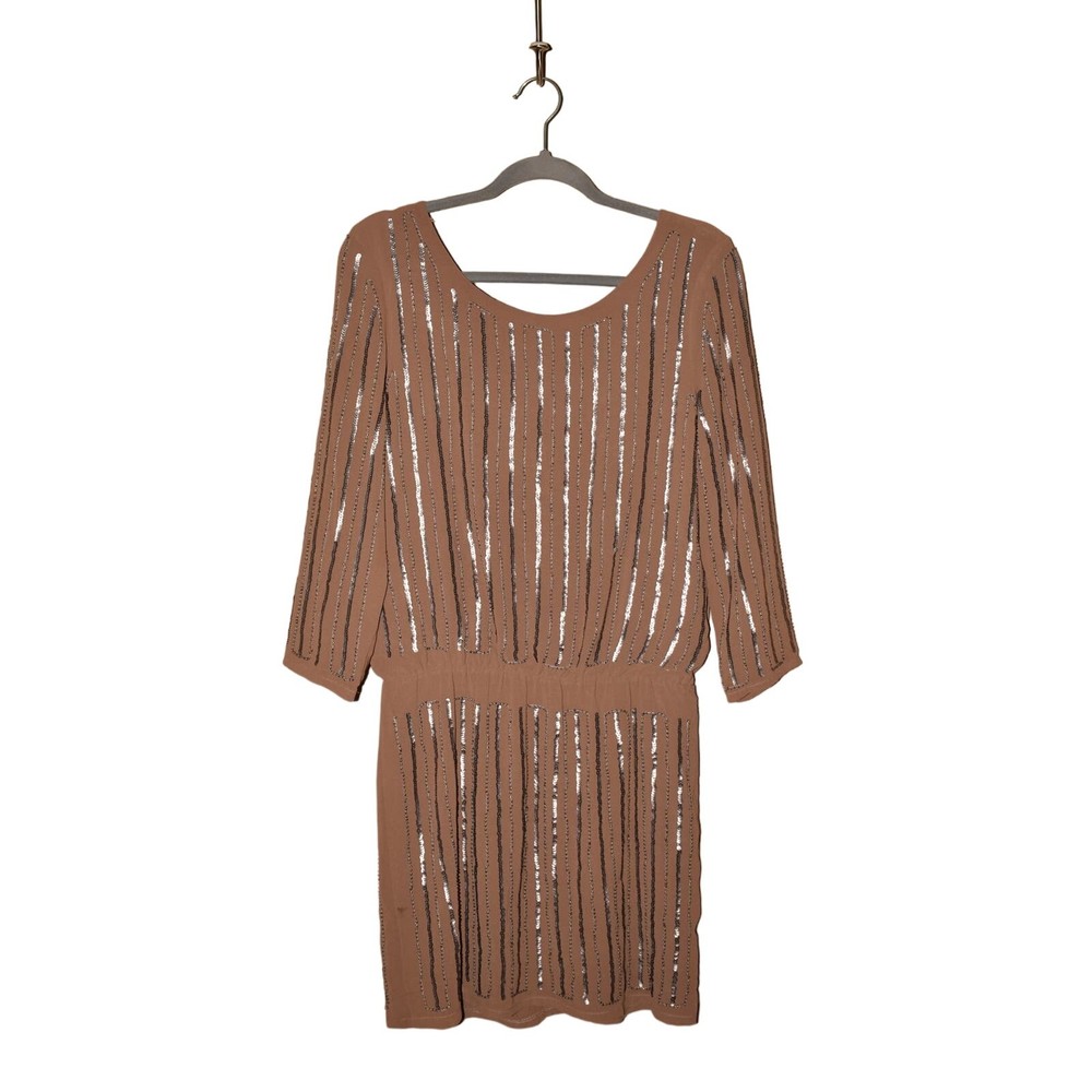 SARA BOO $99 Sequin Beaded Open Back Chiffon Blouson Dress Brown Small
