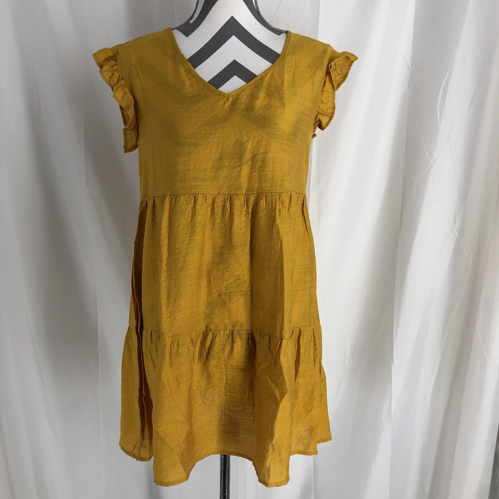 Doubleju A Line Mustard V Neck Flutter Sleeve Dress Size Small
