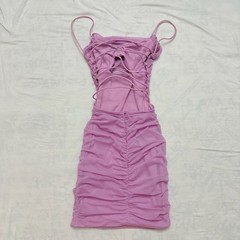 Oh Polly Lilac Mesh Ruched Cutout Mini Dress with Lace-Up Open Back