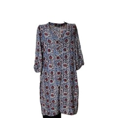 STOP L Blue Red Beige Floral Button V-Neck 3/4 Roll Tab Knee Shift Dress
