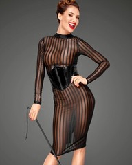 Women&rsquo;s Black Mesh Tulle Midi Dress Long Sleeve Stripe Sheer Backless Partywear