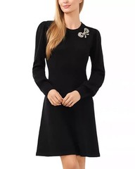 CeCe Beaded Bow Applique Sweater Dress Women&rsquo;s Large Black Pullover L/S