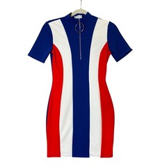 Mocking Jay Red White Blue Colorblock Dress O-Ring Zip Bodycon Mini S Patriotic