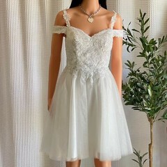 Cinderella Divine Off-Shoulder White Corset Mini Dress Sparkle Tulle Appliqué XS