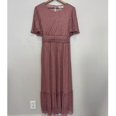 Mauve Pink Metallic Plisse Maxi Dress Flutter Sleeve Modest Wedding Guest M