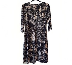 Connected Apparel Black Beige Floral Sheath Dress 20 Jersey V-Neck 3/4 Sleeve