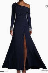 Mac Duggal Beaded Cuff Drop One Shoulder Jersey Ruched Side Slit Gown Sz 4