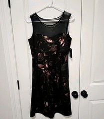 En Focus Studio Fit & Flare Black & Pink Floral Dress Mesh Neckline Size 6 NWT