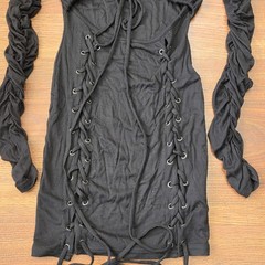 Small Hot & Delicious Black Bodycon Mini Dress Lace-Up Ruched Sleeves Ribbed