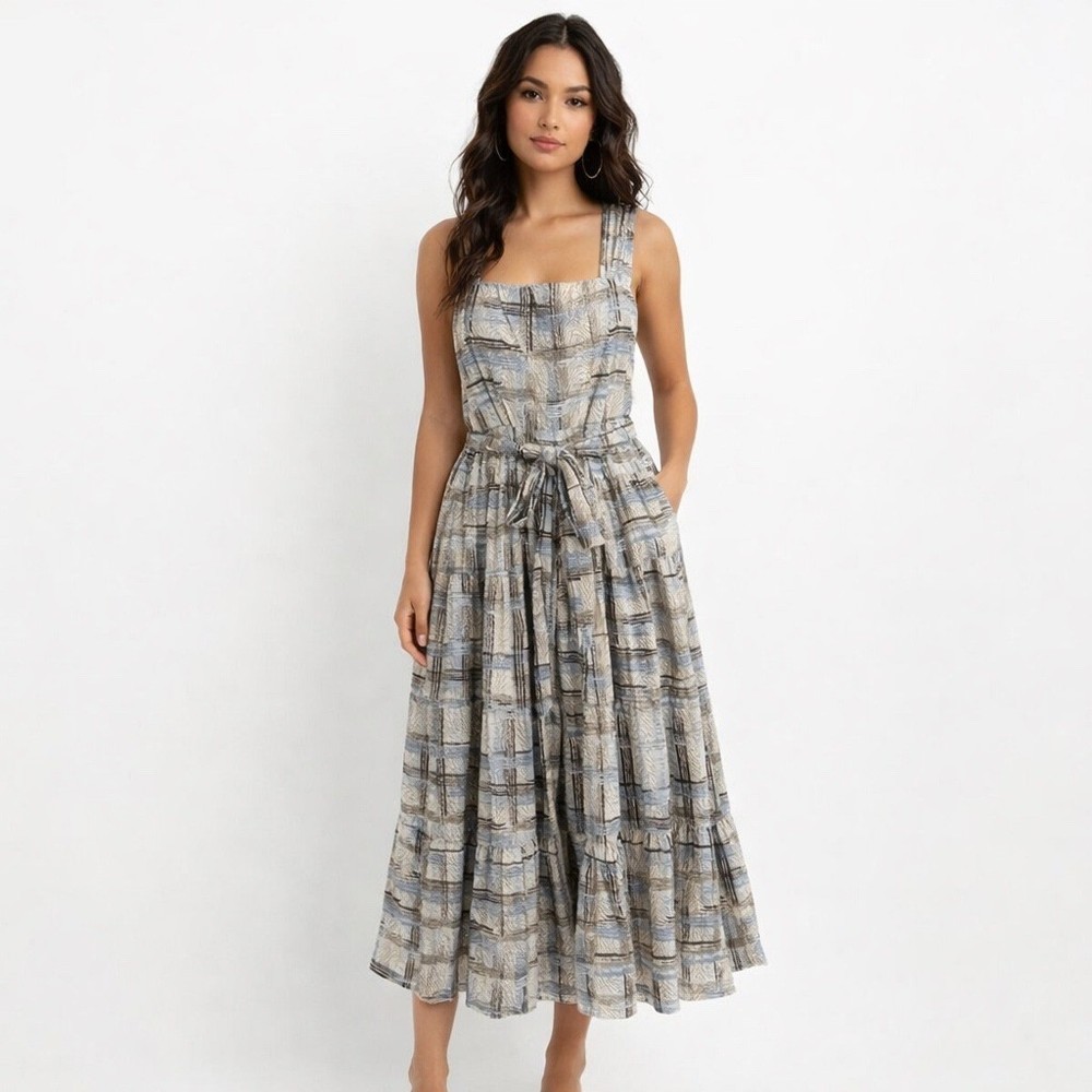 Sofie the Label Maxi Dress Size Large Belted Tie Waist Criss Cross Straps Zip Up