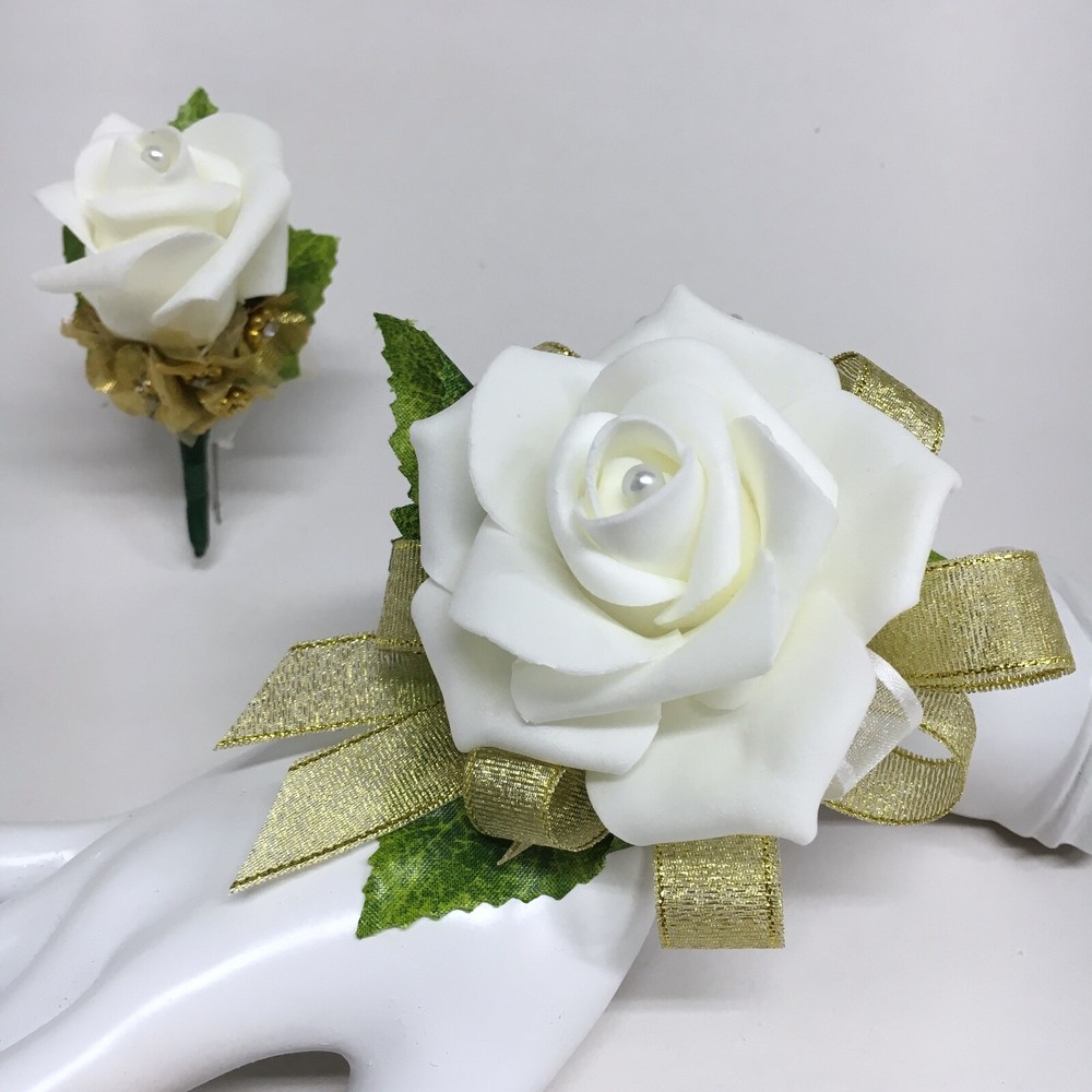 Ivory Rose on Metallic Gold Wrist Corsage & Boutonniere Combo