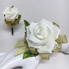 Ivory Rose on Metallic Gold Wrist Corsage & Boutonniere Combo