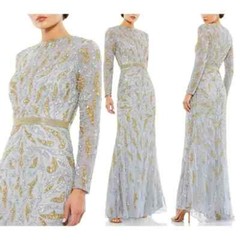 Mac Duggal Platinum Silver Gold Paisley Beaded Long Sleeve Gown Size 10 $598