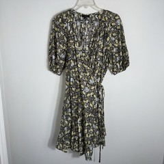 Current Air Wrap Dress-Gray Yellow Flower Bird Print-Puffy Short Sleeves-Medium