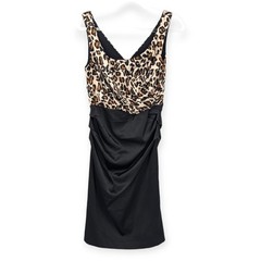 Suzi Chin Ruched Satin Cocktail Party Dress Sz 8 Retro Leopard Sexy V-Neck