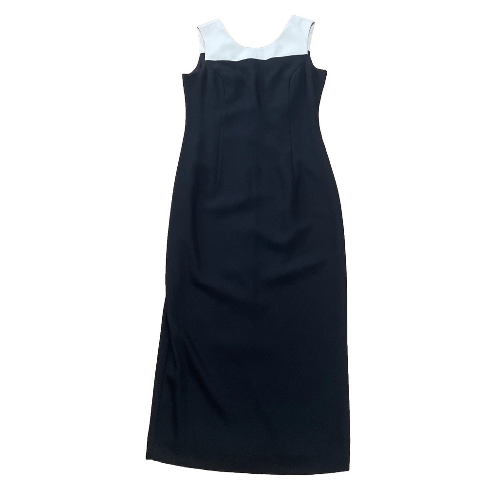 Vintage Datiani Open Back Midi Dress Button Pencil Sz 6 Black Cream Money Rare
