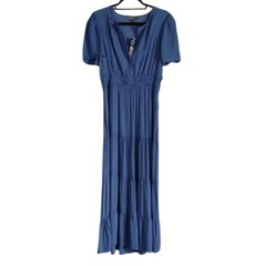 NWT Nordstrom Blue Tiered Modest Cottagecore Prairie Maxi Dress Short Sleeve