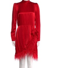 Saylor Red Satin Mini Dress, Fringe & Ruffle Accents, Mock Neck, Long Sleeve
