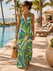 Trina Turk Maxi Dress L Racerback Plunging V Smocked Empire Resort Cover Up