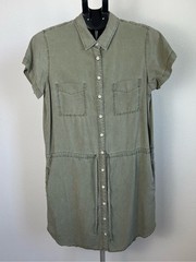 Thread Supply Olive 100% Lyocell Utility Shirt Dress Minimalist Safari Midi L