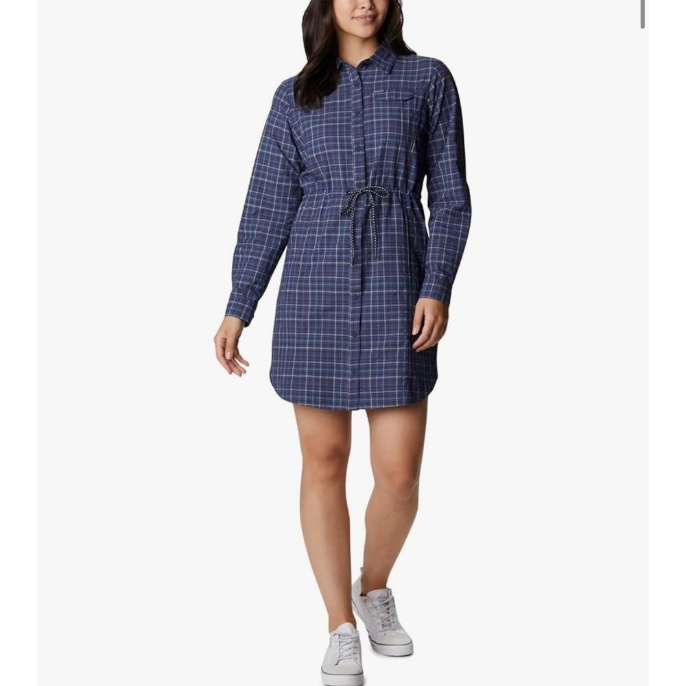 Columbia Women&rsquo;s Silver Ridge Novelty Dress Navy Blue Plaid Shirtdress Size M