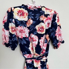 Coquette Hyper Feminine Waist-Defined Ruffle Tie-Belt Wrap Dress Navy Floral XS