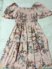 Pink Floral Smocked Square Neck Short Puff Sleeve A-Line Midi Dress S/M