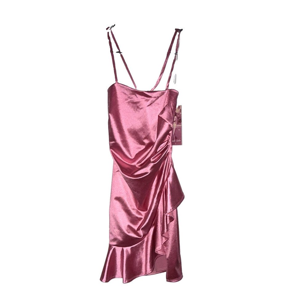 Pink Satin Polyester Cowl Neck Ruched Spaghetti Strap Slip Dress S
