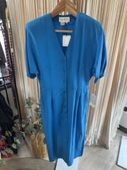 Vintage Silk Studio Blue 100% Silk Midi Dress Button Front V-Neck Size 14