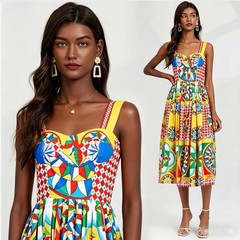 Sicilian Floral Printed Dress, Bohemian Holiday Midi Dress, Flare Dress