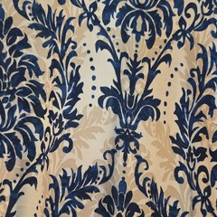 BLOOMCHIC Plus Size 28 Beige/Blue Damask V-Neck Long Sleeve Maxi Dress