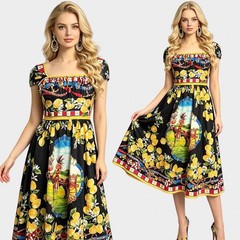 Sicilian Floral Printed Dress, Bohemian Holiday Midi Dress, Flare Dress